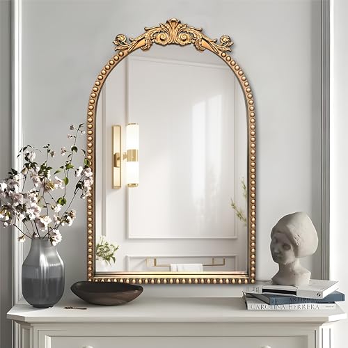 BAODANFU Arendahl Traditional Vintage Arch Mirror, 20" X 30" Baroque Ornate Accent Wall Mirrors Decorative Beaded Frame for Bathroom Sink, Entryway, Bedroom Vanity, Over Mantel Fireplace Wall Decor - size: 32"L x 20"W