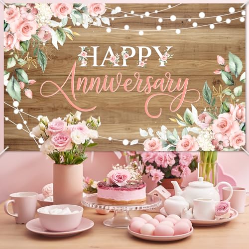Avezano Happy Anniversary Backdrop Banner for Women, 6x3.6ft