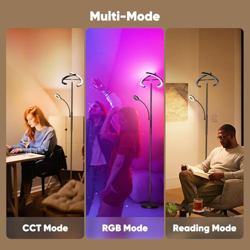 SIBRILLE Upgraded 36W RGBCW Floor Lamp with Ring Reading Lamp, Rotatable Remote Control LED Standing Lamp Dimmable Floor Light Modern Standing Light for Living Room Bedroom Home Office, Black - color: 2-in-1