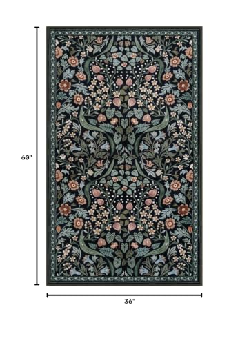 Lahome Dark Floral Rug, 3x5 Soft Moody Botanical Entryway Rug - color: Black, size: 3' x 5'