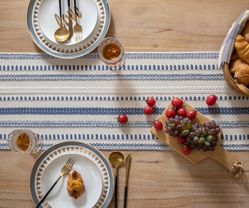 Caflife Blue and Beige Woven Rustic Boho Table Runner 108 Inchs Long - color: Blue, size: 13x108Inch