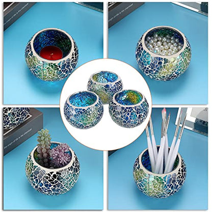 OwnMy 3PCS Mosaic Glass Tea Light Holders Round Bowl Votive Candle Holders - color: Blue