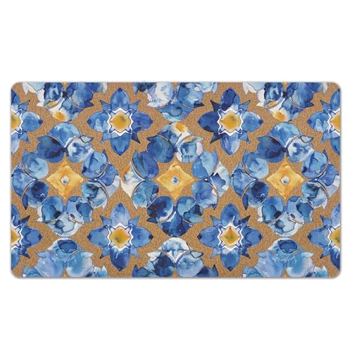 Mediterranean Blue Door Mat, Mediterranean Sicilian Front Door Mat Outside Entrance, Blue and Yellow Pattern Artificial Coir Doormat Rugs for Indoor Entryway Porch Patio Entry, 17x30 Inch - color: Sicilian