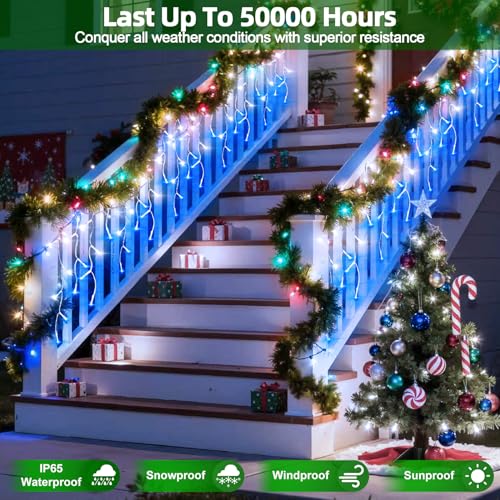 504 LED 50FT Christmas Lights, 112 Drops Icicle Lights with 12 Modes - color: Blue & Cool White, size: 504LED 49 FT with 112 Drops