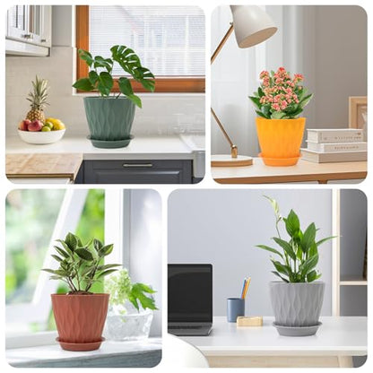 GARDIFE 7 Pack Plant Pots 4-7 inch with Drainage Holes and Tray, Green - color: Color-green