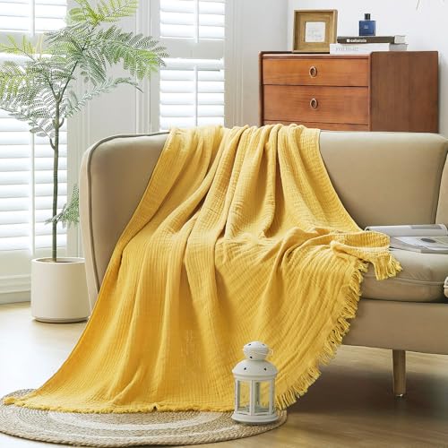 Cotton Muslin Throw Blanket with Tassels, Lightweight Woven Gauze, Pre-Washed Breathable Farmhouse Decor for Bed, Couch, All-Season Use (Yellow, 50" x 60") - color: Yellow, size: 50" x 60"