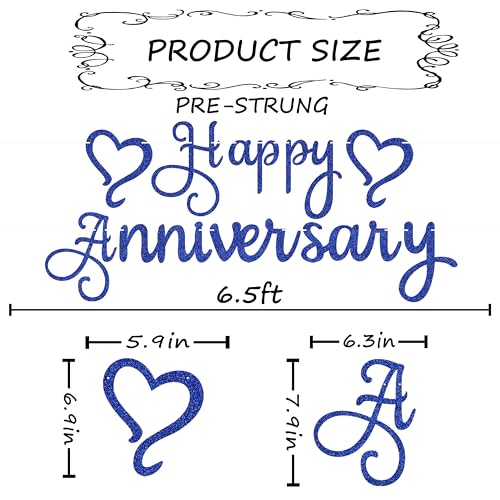 Pre-Strung Happy Anniversary Banner - Royal Blue Glitter Wedding Anniversary Decorations, Party Photo Booth Props - color: Royal Blue