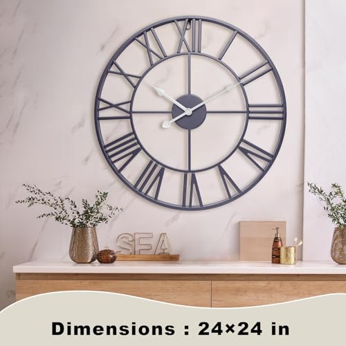 24 Inch Slate Gray Metal Big Roman Numerals Large Wall Clocks - color: Slate Gray, size: 24 Inch