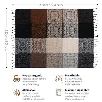 Boho Throw Blanket, Chenille Jacquard Tassels Throw Blankets for Bed Couch Soft Chair， Bohemian Fringe Tassels (Black, Large 86 * 102Inches) - color: Mocha Noir, size: 87" x 102"