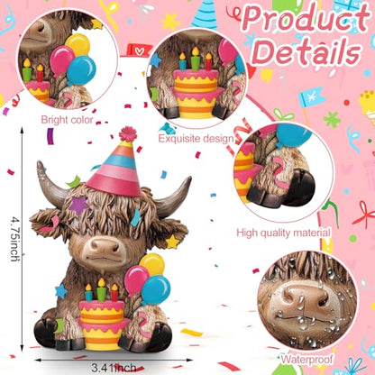 Karenhi 2 Pcs Highland Cow Figurines Resin Birthday Cake Topper Decor - style: Birthday