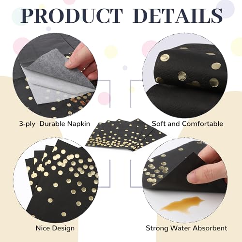 80 Pack of White Paper Cocktail Napkins with Gold Foil Polka Dot Confetti，Polka Dot Party Supplies(5 x 5 in，3-ply) (Black) - style: Black Gold Dot