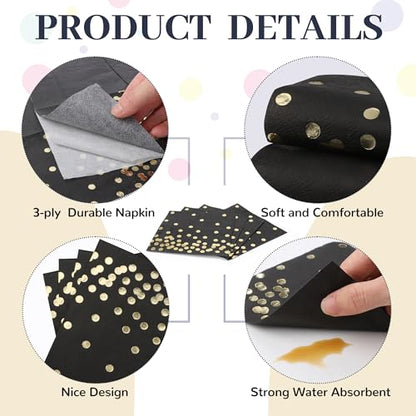 80 Pack of White Paper Cocktail Napkins with Gold Foil Polka Dot Confetti，Polka Dot Party Supplies(5 x 5 in，3-ply) (Black) - style: Black Gold Dot