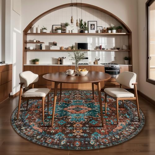 Ciicool 5ft Round Boho Area Rug,Washable Circle Throw Rugs for Entryway - color: Brick Red/Dull Teal, size: 5' (Round)