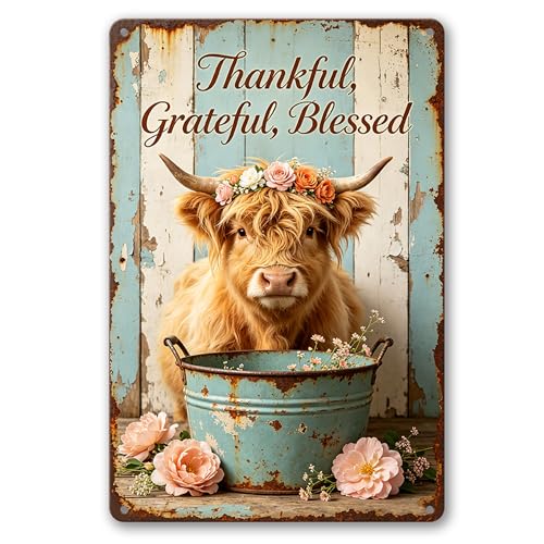 Floral Crown Highland Cow with Thankful Quote Vintage Print,Solid Rustproof Aluminum Plaque, Shabby Chic Wall Ornament for Cabin Dining Room Entry, Multipurpose Christian Decor Gift Sign 8x12 Inch - color: M2030-Cow1-3