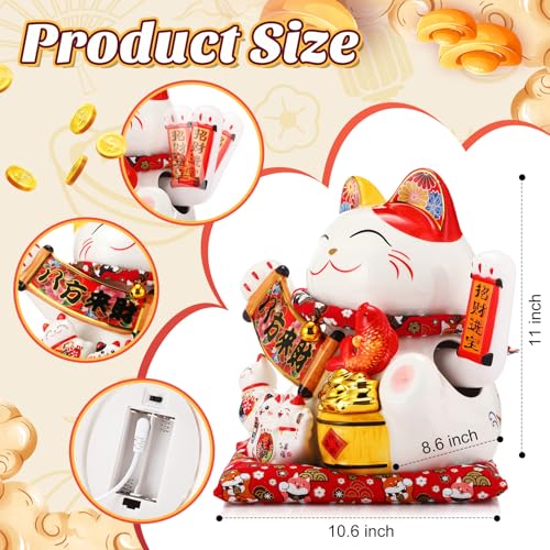 Wesiti 11 Inch Chinese Lucky Cat Waving Arm Large Ceramic Maneki Neko Feng Shui Money Fortune Cat Gift Decorations for Shops, Restaurants, Living Room Wealth from All Directions, Battery Not Included