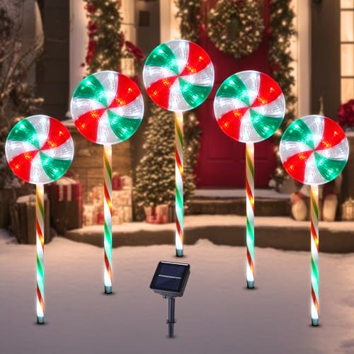 BRIGHTDECK 5 Pack Solar Christmas Pathway Lights, Lollipop Stakes - color: RGW, size: 5Pack