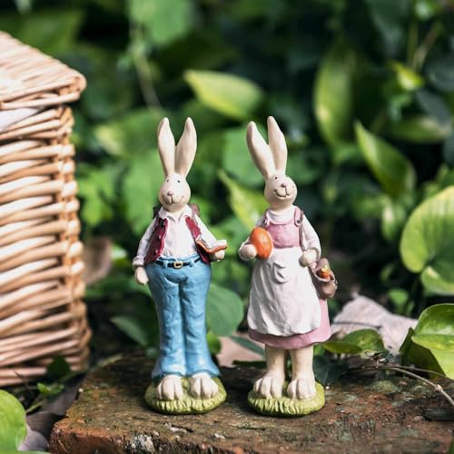 Easter Bunny Figurines Set of 2, Resin Rabbit Couple Decor, 6.1 Inch