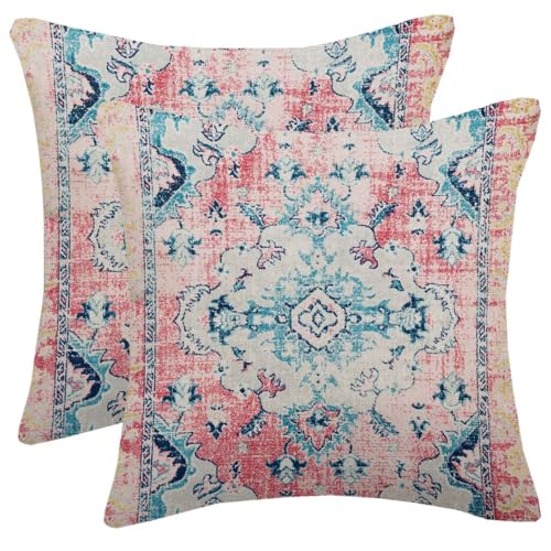 Vintage Boho Pillow Covers 18X18 Inch Set of 2 Ethnic Red Teal Navy Blue Carpet Pattern Throw Pillow Covers Bohemian Decorative Pillow Case Linen Cushion Cover for Couch Sofa Outdoor - color: Boho Red Teal, size: 18" x 18" (Pack of 2)