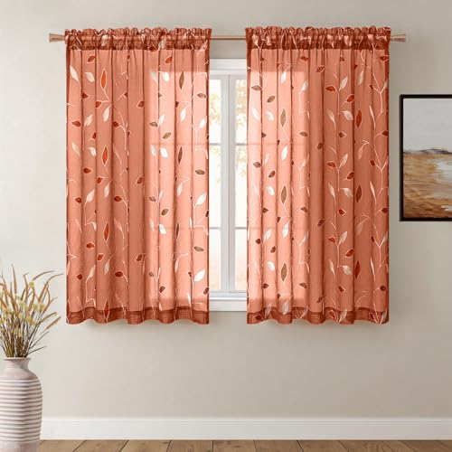 MIULEE Burnt Orange Sheer Fall Curtains 2 Panels Leaf Patterned, W52 x L45 - color: Burnt Orange, size: 52"W x 45"L (Pack of 2)