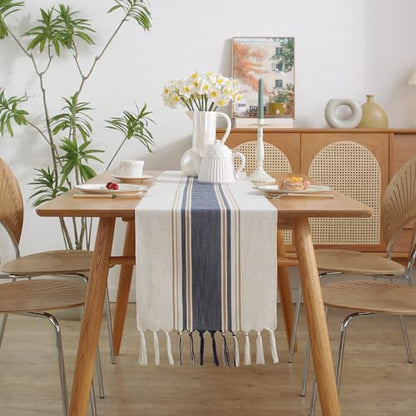 Niviy Blue Table Runner 36 Inches Long with Tassels, Seasonal Summer Washable Embroidered Striped Braided Blue and White Boho Table Runners for Holiday Party 12 x 36 Inches - color: Blue, size: 12 x 36 Inches