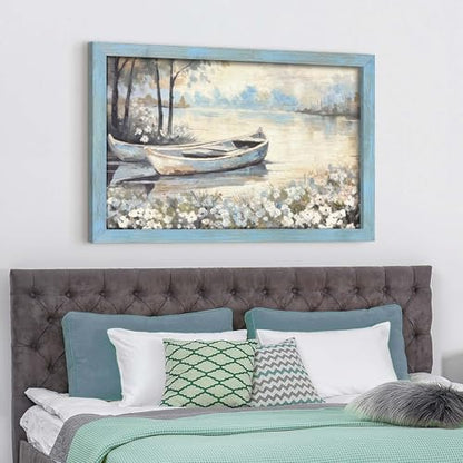 summer melody Rustic Lake Landscpe Wooden Framed Wall Art 45x30 Inch - color: Blue, size: 45"L x 30"W