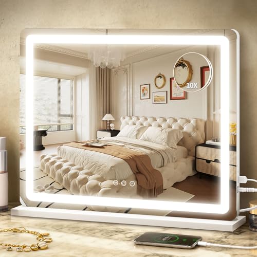 ROLOVE 23"x 18" Large Vanity Mirror with Lights, LED Makeup Mirror for Dresser and Desk, 10X Magnification, Dimmable Touch Control, Wall Mounted or Tabletop Mirror for Bedroom (White) - color: White, size: 23"L x 18"W