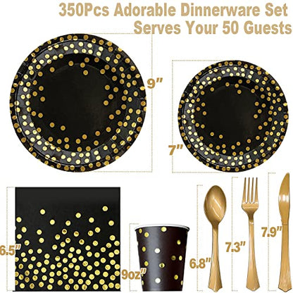 AIRE Black Gold Paper Plates, 350PCS Disposable Dinnerware Set for 50 - color: 350pcs Black and Gold