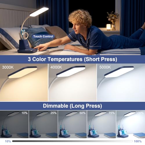 LED Desk Lamp with 10W Wireless Charging & Pen Holder, Navy Blue - color: Navy Blue