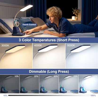 LED Desk Lamp with 10W Wireless Charging & Pen Holder, Navy Blue - color: Navy Blue