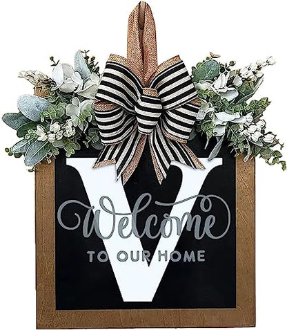 Last Name All Year Round Front Door Wreath with 26 Initial Letter Welcome Sign All Seasons Eucalyptus Garland and Bow ，Farmhouse, Porch, for Spring Summer Fall All Seasons Holiday Halloween Christmas. (V) - color: V