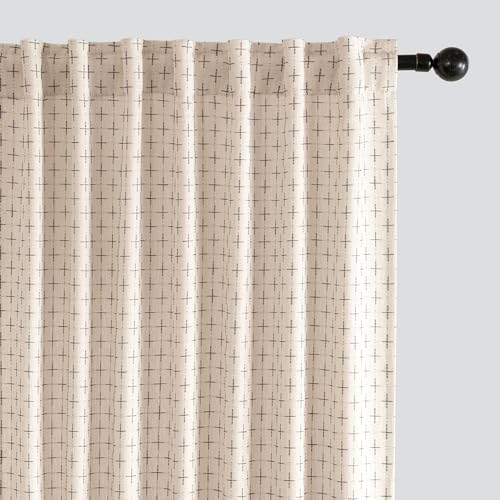 MIULEE Patterned Farmhouse Linen Curtains, Back Tab, 52Wx90L, Beige - color: Beige, size: 52"W x 90"L (Pack of 2)