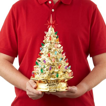 Casafield Hand Painted Ceramic Christmas Tree, Gold 15-Inch Pre-Lit Tree with 128 Multi Color Lights and 2 Star Toppers - color: Gold