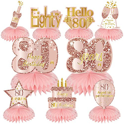 Turypaty Pink Rose Gold 80th Birthday Honeycomb Centerpieces Decorations for Women, 9Pcs Happy 80th Birthday Table Centerpieces Party Supplies, Eightieth Year Old Birthday Table Toppers Decor - style: Pink Rose Gold 80th
