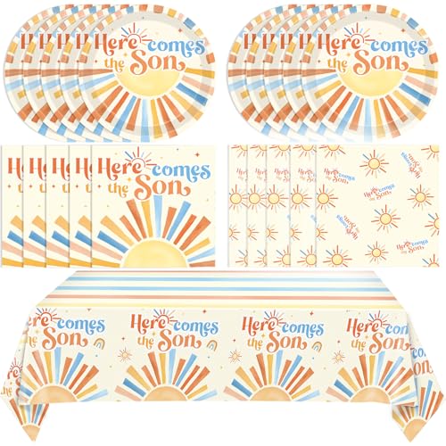 Here Comes The Son Baby Shower Decorations,Boho First Trip Around The Sun Party Supplies,Disposable Dessert Plate,Napkin,Tablecloth for It's A Boy Gender Reveal,Sun You Are My Sunshine Baby Shower - color: Son Baby Shower