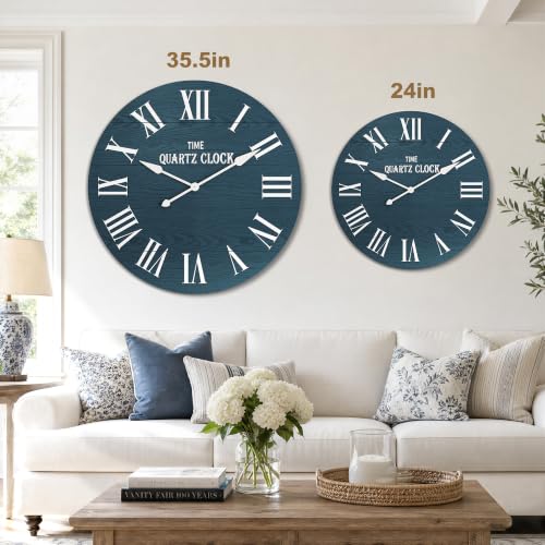 ARTPOWER 35.5" Extra Large Farmhouse Wall Clock,Solid Wood Veneer,Navy Blue - color: Blue, size: 35.5"W x 35.5"H