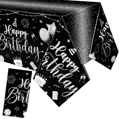 Tudomro 3 Pcs Plastic Happy Birthday Party Tablecloths,Black Silver - color: Black Silver