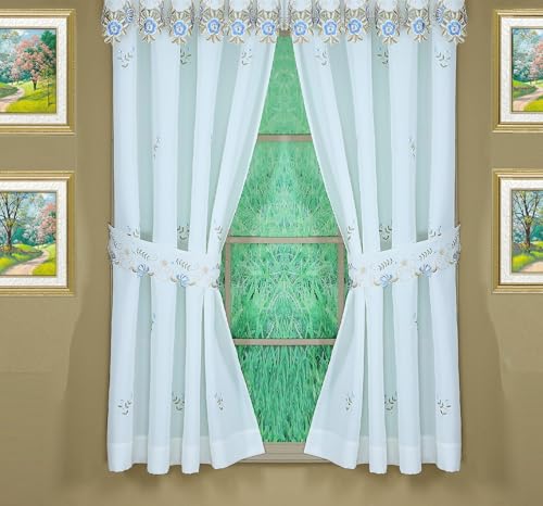 Today's Curtain Verona Reverse Embroidery Panel Pair and Tiebacks, 72", White/Blue, 80" W X 72" L - color: White/Blue, size: 80"W x 72"L (Pack of 1)