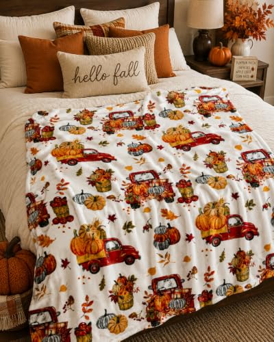 Fall Soft Fleece Throw Blanket, Harvest Pumpkins & Truck, 50" x 60" - color: Farm Truck