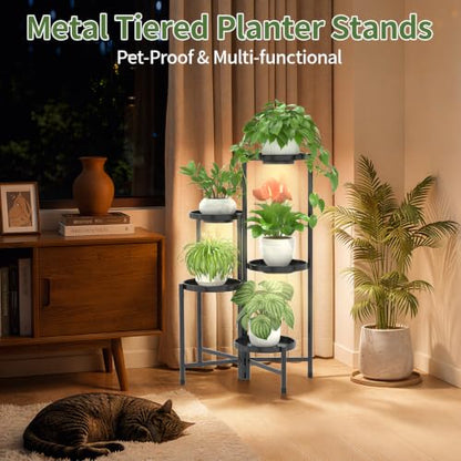 LASZOLA Plant Stand Indoor 10 Inch Large Tray With Lights, 5 Tier Black - color: Black with Light, size: 5 Tier