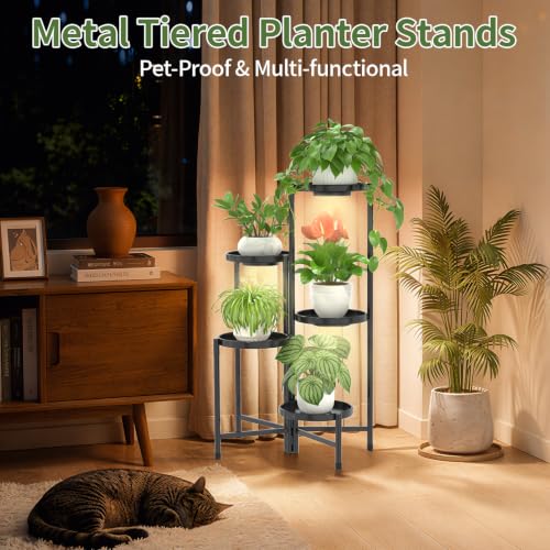 LASZOLA Plant Stand Indoor 10 Inch Large Tray With Lights, 5 Tier Black - color: Black with Light, size: 5 Tier