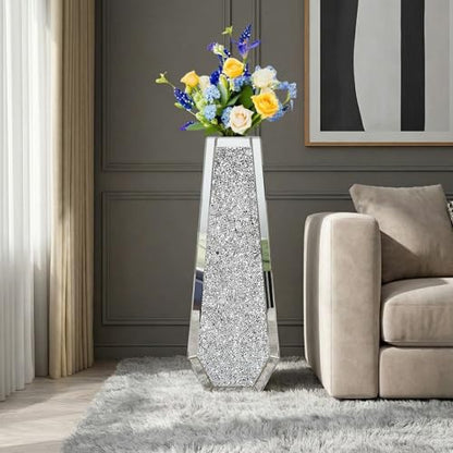 30" Large Double Sided Crushed Diamond Vases,Six Sided Diamond Shape Vase,Tall Silver Mirrored Vase for Floor, Crystal Decorative Vase for Home,Office,Hotel (Silver,10.6" Lx5.3 W x30 H)