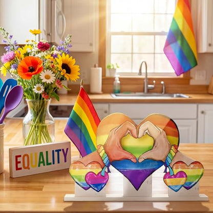 Smile Pride Month Wooden Tabletop Decor Rainbow Heart & Hand-Heart Desktop Plaques with Stands LGBTQ+ Indoor Home & Office Decor Gay Pride Gift Idea - style: Rainbow Heart