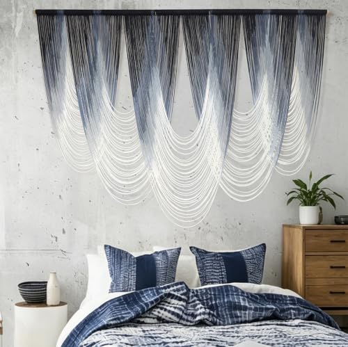 Macrame Wall Hanging Dip-Dyed Navy Blue Boho Wall Art Yarn 57" W*41" L - color: Navy Blue