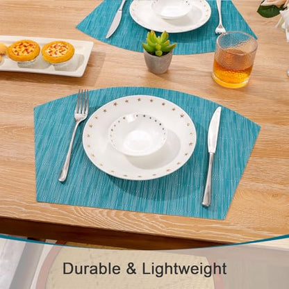 SHACOS Wedge Shape Placemats Set of 4 Round Table Placemats Heat Resistant Woven Vinyl PVC Table Mats Indoor Outdoor Wipe Clean (4, Teal Blue) - color: Teal Blue