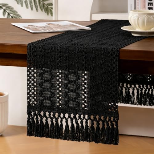 Black Woven Table Runner Cotton Linen Boho with Tassels 11"×108" - color: Black, size: 11" × 90"