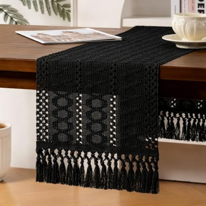 Black Woven Table Runner Cotton Linen Boho with Tassels 11"×108" - color: Black, size: 11" × 90"