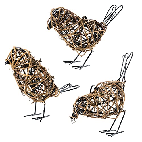 Rattan Bird Statues - 3pc Farmhouse Wicker Home Decor Figurines - color: Coffee