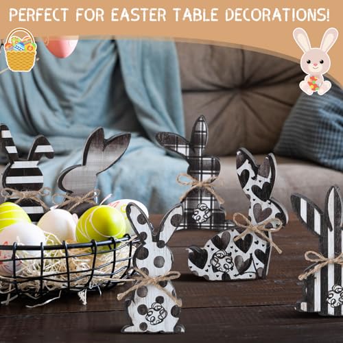 Thinkday 6 Pcs Easter Bunny Wooden Signs Rabbit Spring Table Signs for Home Office Table Wood Bunny Easter Decorations with Ribbons for Tiered Tray Mantel Shelf(Delicate Style) - style: Delicate Style