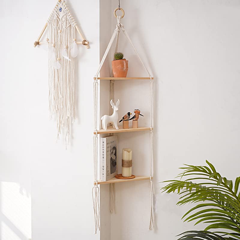 Macrame Wall Hanging Shelf,Boho Woven Tassel Shelves Plant Holder - color: 3t