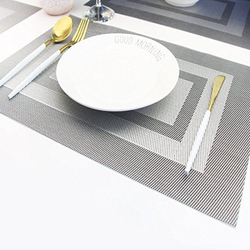 PIGCHCY Placemats - Heat Resistant, Washable Woven Table Mats - Durable Vinyl - Set of 4 (Silver Black) - color: Box: Silver Black, size: 4 Placemats